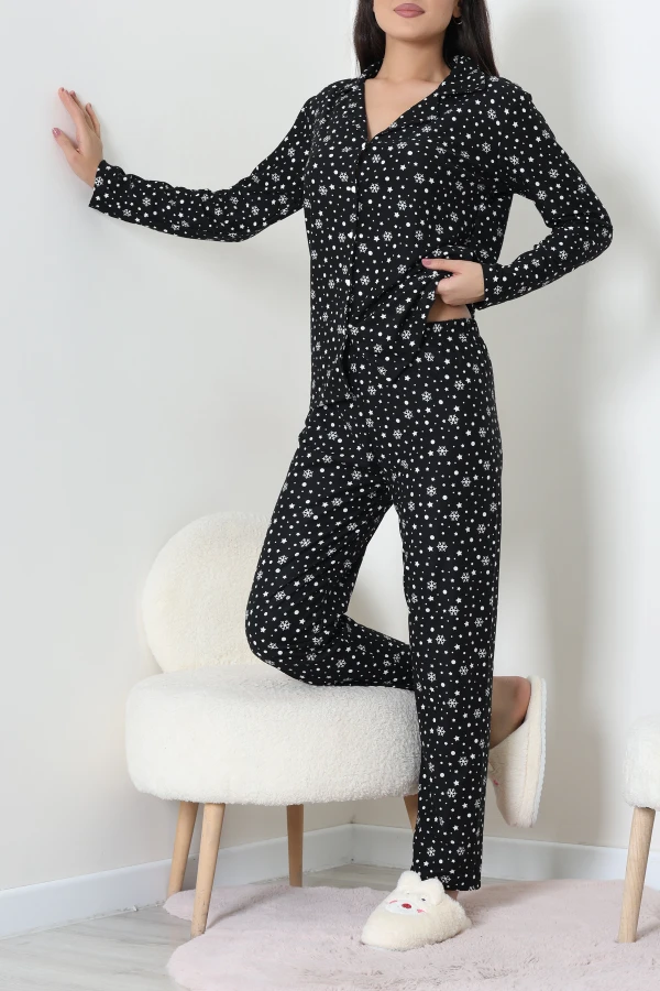 Süet Düğmeli Pijama Takımı Siyahdesenli 6