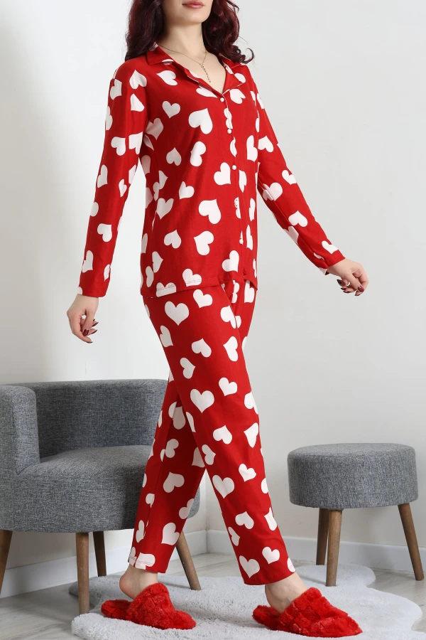 Kadın Bordo Süet Düğmeli Kalpli Pijama Takımı 5