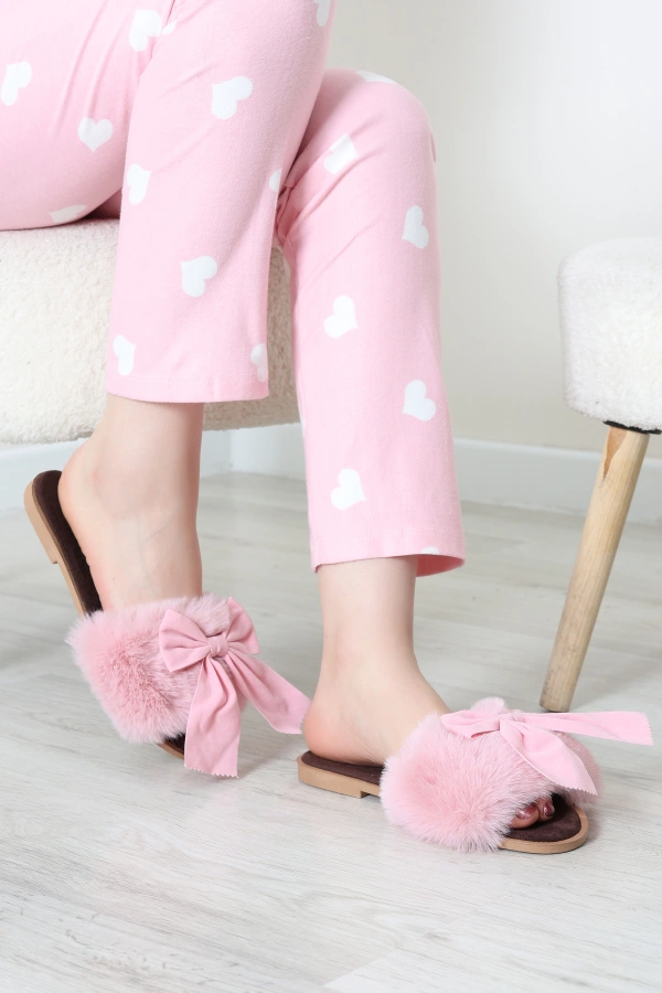 Kadın Pembe Kurdeleli Peluş Ev Terliği Sıcak Panduf 4
