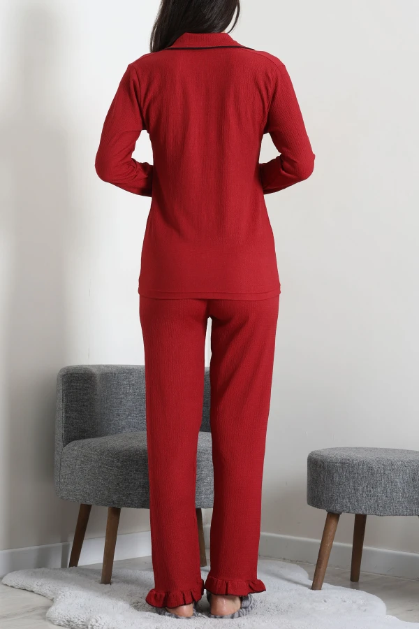 Kadın Bordo Bürümcük Düğmeli Pijama Takımı Rahat Kalıp 8