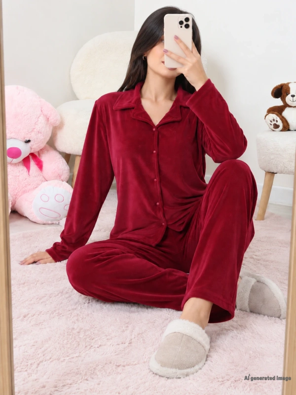 Fransız Kadife Düğmeli Pijama Takımı Bordo