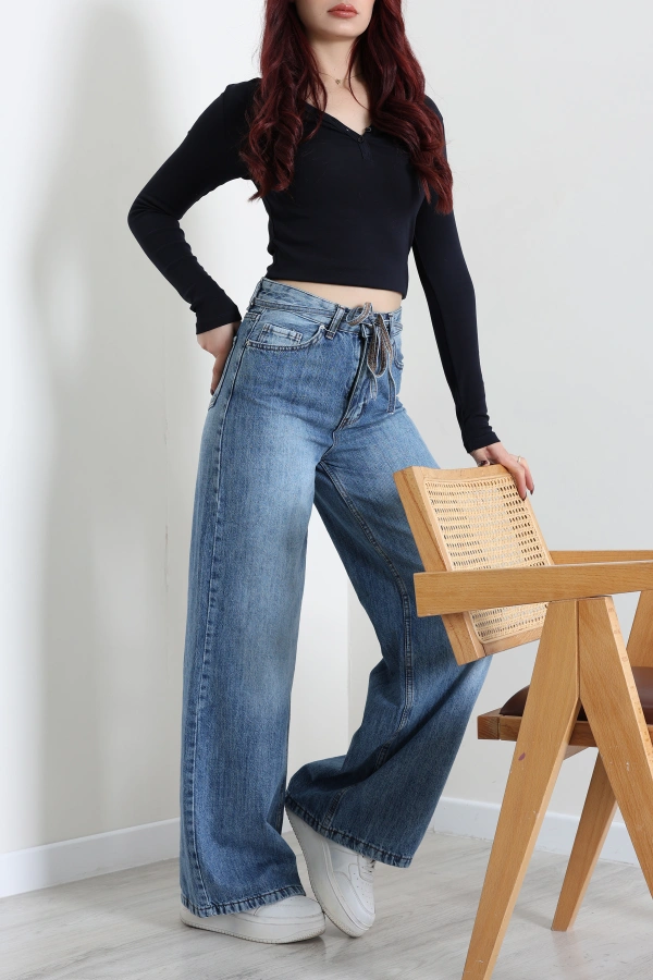 Kadın Açık Mavi Geniş Paça Yüksek Bel Kot Pantolon 3