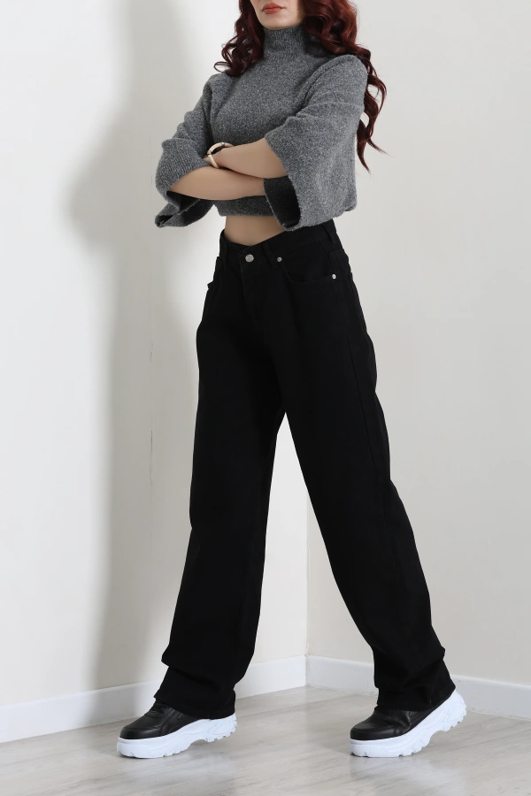 Kadın Siyah Baggy Fit Yüksek Bel Bol Paça Kot Pantolon 4