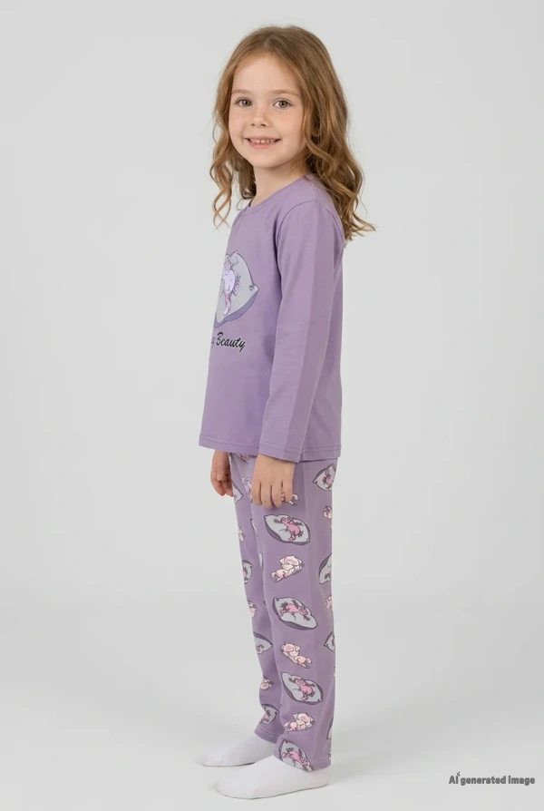 Çocuk Mor 5-9 Yaş Pijama Takımı Uzun Kollu Pamuklu 2