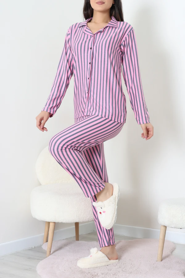 Süet Düğmeli Pijama Takımı Pembefüme 5