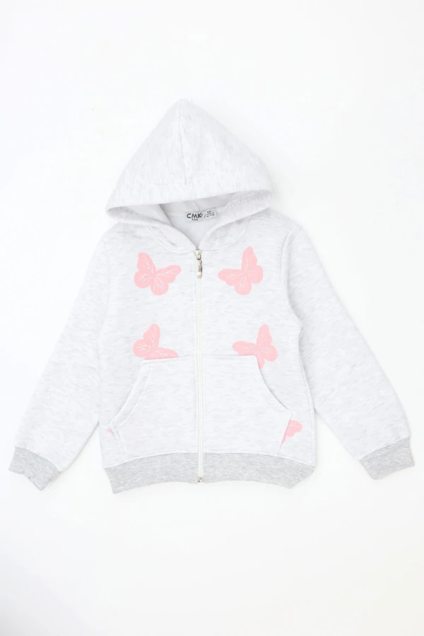 Kız Çocuk Gri Fermuarlı Kapüşonlu İki İplik Sweatshirt 5
