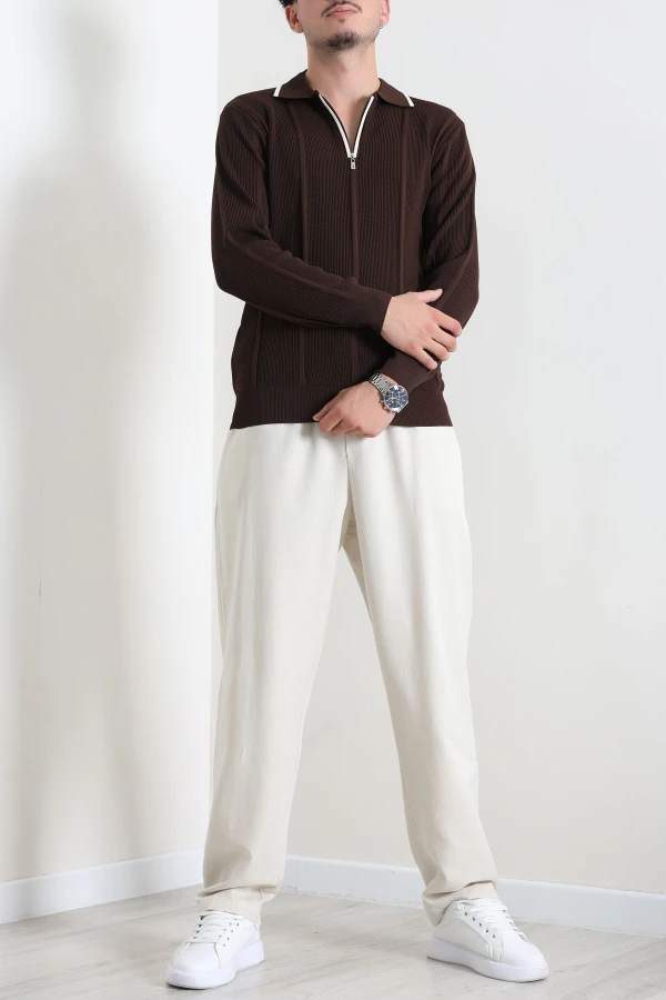 Çizgili Polo Yaka Erkek Triko Sweat Kahve 5