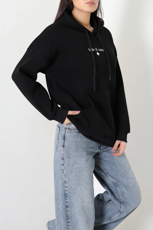 Kadın Siyah Üç İplik Kapüşonlu Nakışlı Sweatshirt Tunik 3