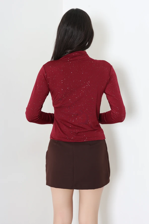 Dik Yaka Drapeli Simli Sandy Bluz Bordo 8