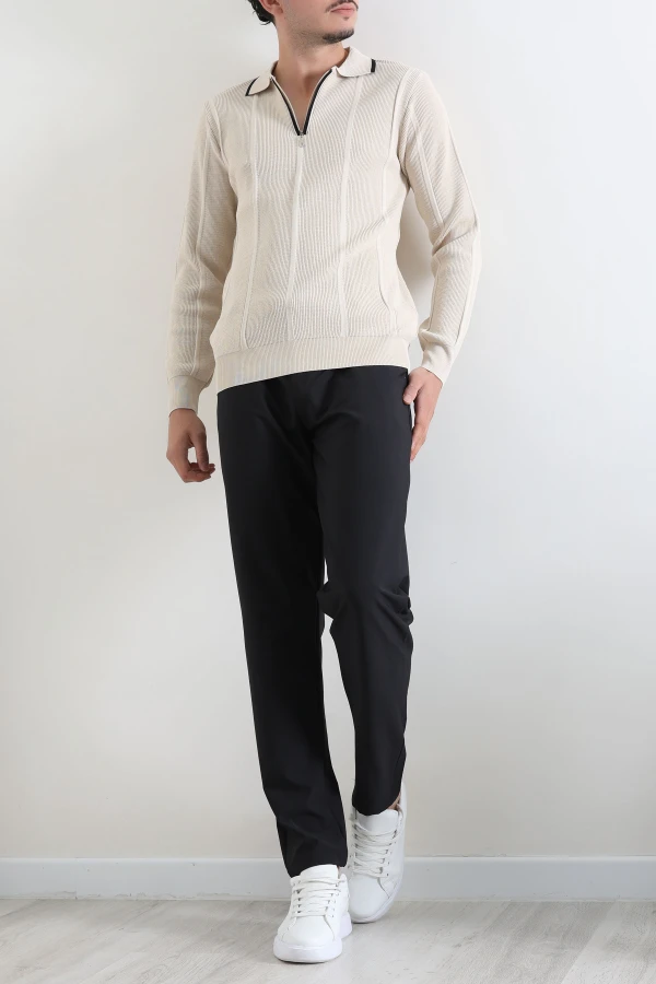 Çizgili Polo Yaka Erkek Triko Sweat Taş 5