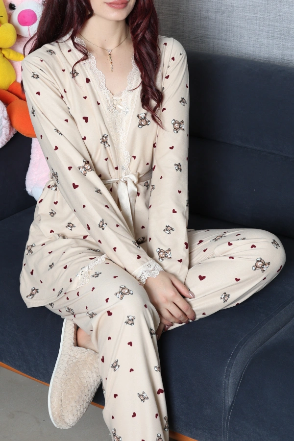 Süet 3'Lü Pijama Set Vizon
