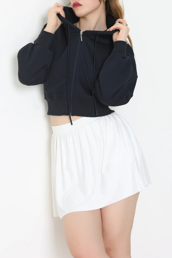 3 İplik Şardonsuz Balon Kol Crop Sweat Lacivert 5