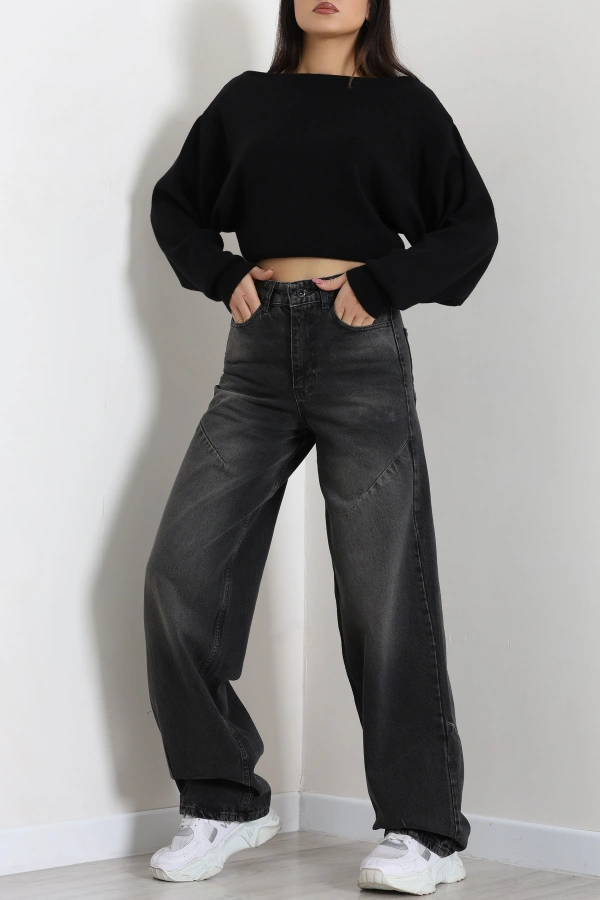 Kadın Füme Tokalı Baggy Fit Yüksek Bel Kot Pantolon