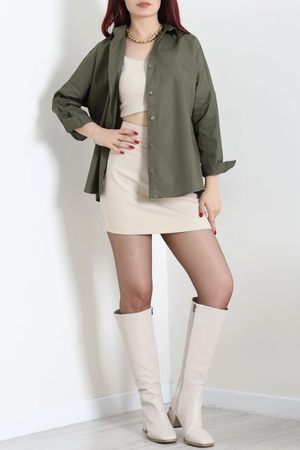 Oversize Poplin Gömlek Haki 6