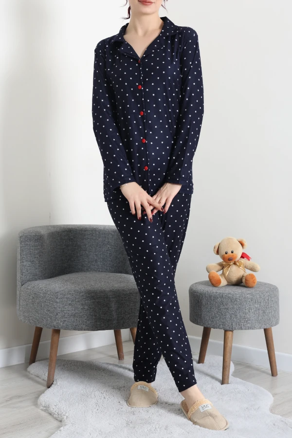 Kadın Lacivert Yıldız Desenli Süet Düğmeli Pijama Takımı 3