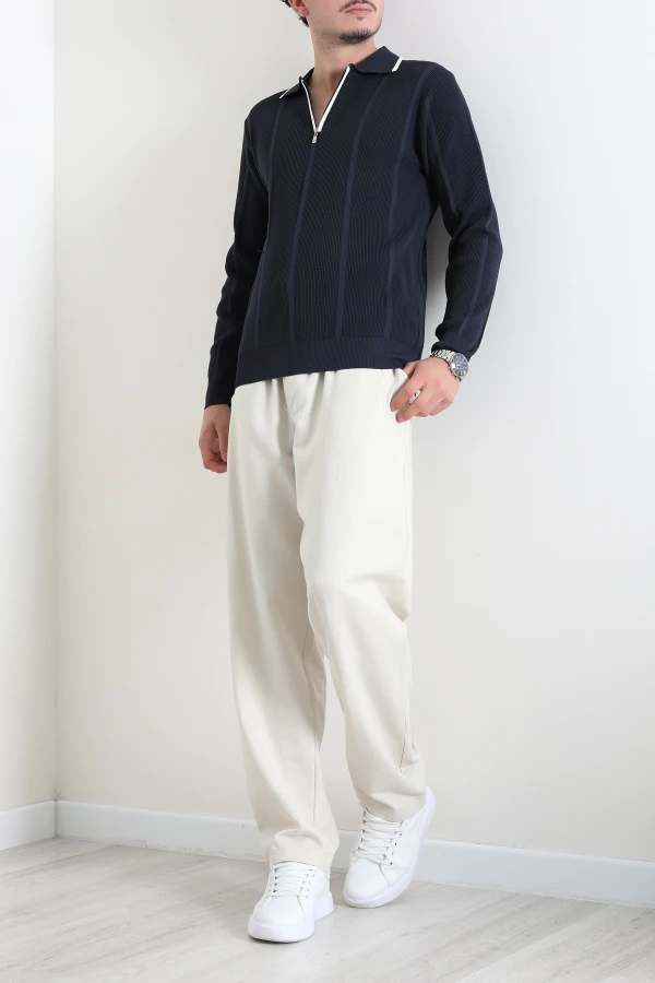 Çizgili Polo Yaka Erkek Triko Sweat Lacivert 2