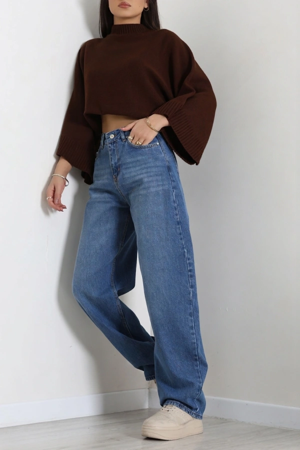 Kadın Mavi Baggy Fit Yüksek Bel Bol Paça Kot Pantolon 4