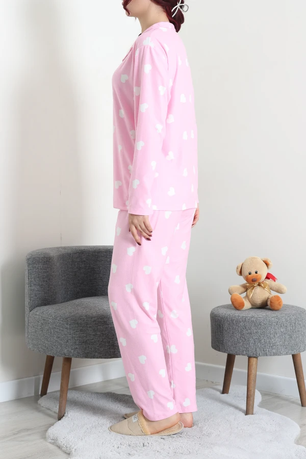 Kadın Pembe Kalpli Süet Düğmeli Pijama Takımı 7