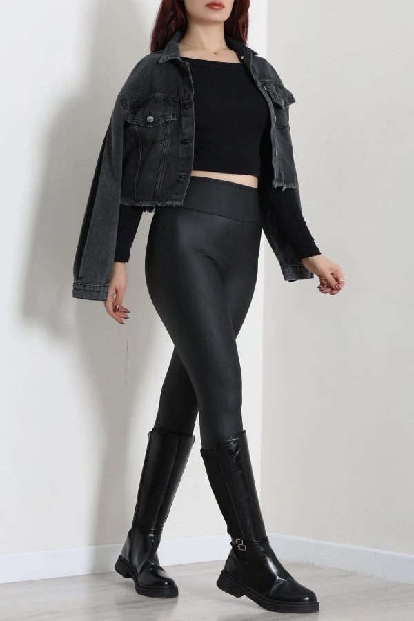Kadın Füme Crop Kot Ceket Yüksek Bel Kısa Kesim Casual 4