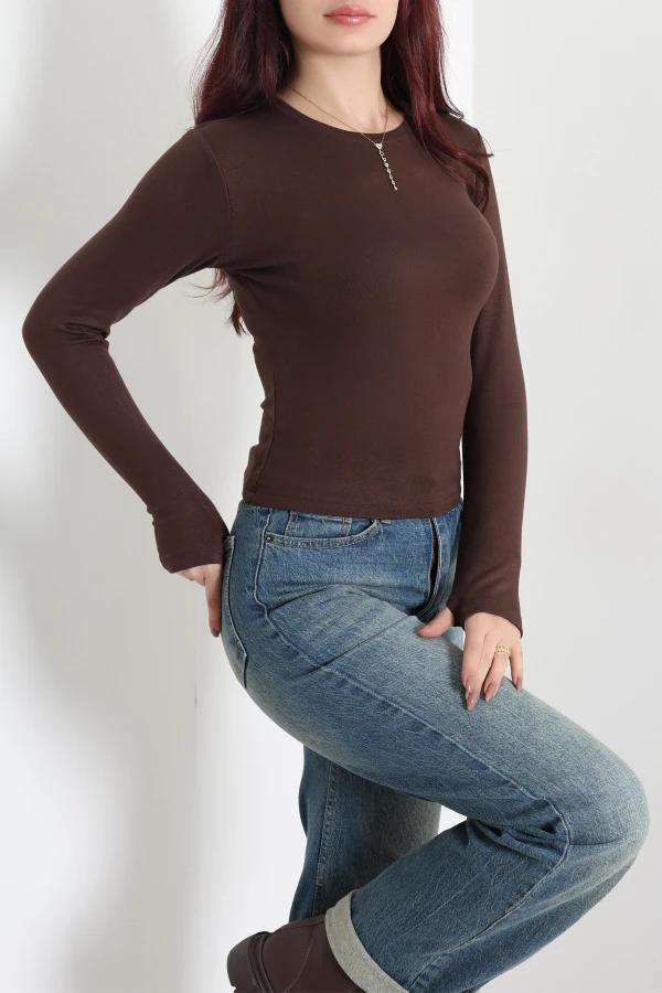 Kadın Kahve Bisiklet Yaka Ribana Pamuk Body 5