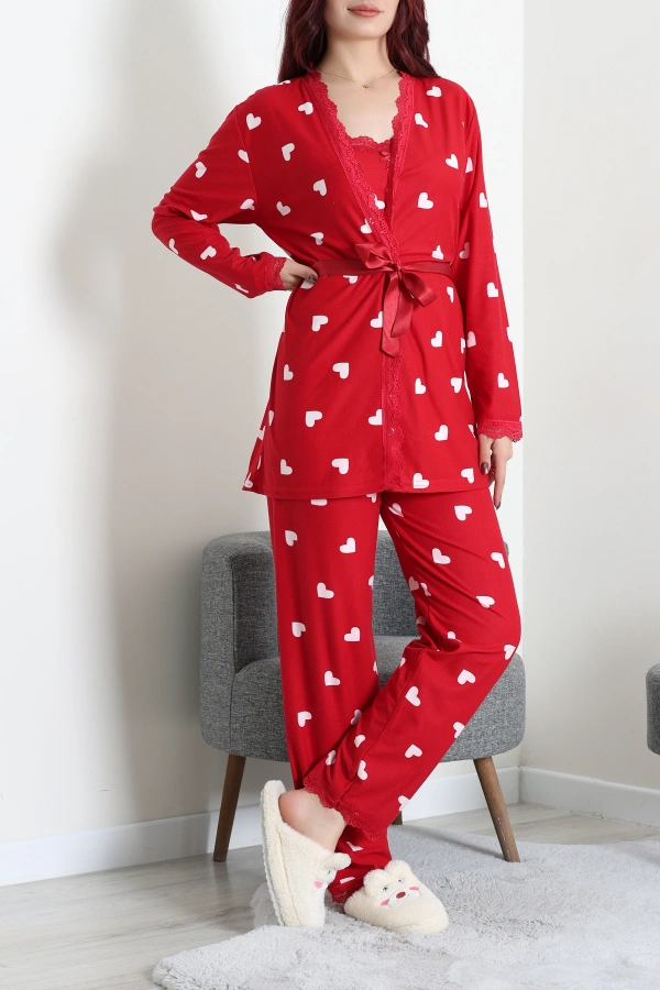 Kadın Kırmızı Beyaz Süet 3'lü Pijama Takımı 6