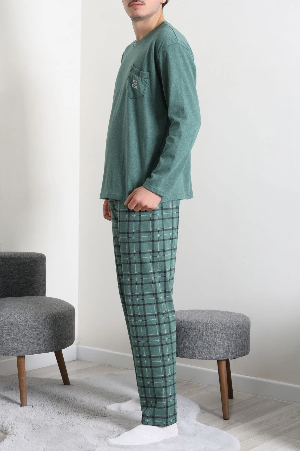Erkek Yeşil Ekose Süprem Uzun Kol Cepli Bisiklet Yaka Pijama Takımı 6