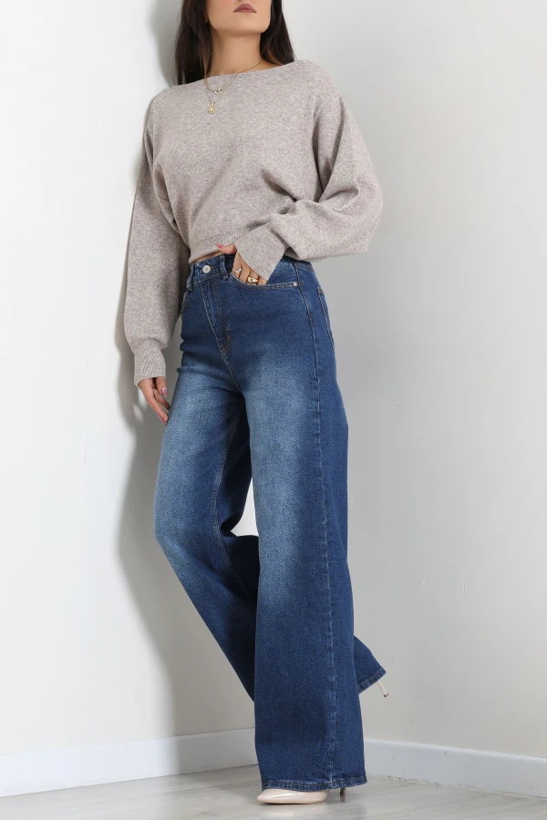 Kadın Koyu Mavi Yüksek Bel Wide Leg Kot Pantolon 4