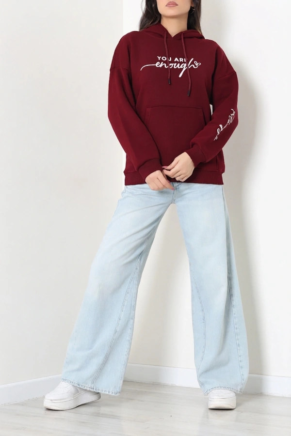 Kadın Bordo Kapüşonlu Baskılı Oversize Sweat Tunik 4