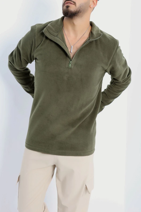 Yarım Fermuar Erkek Polar Sweat Haki 7