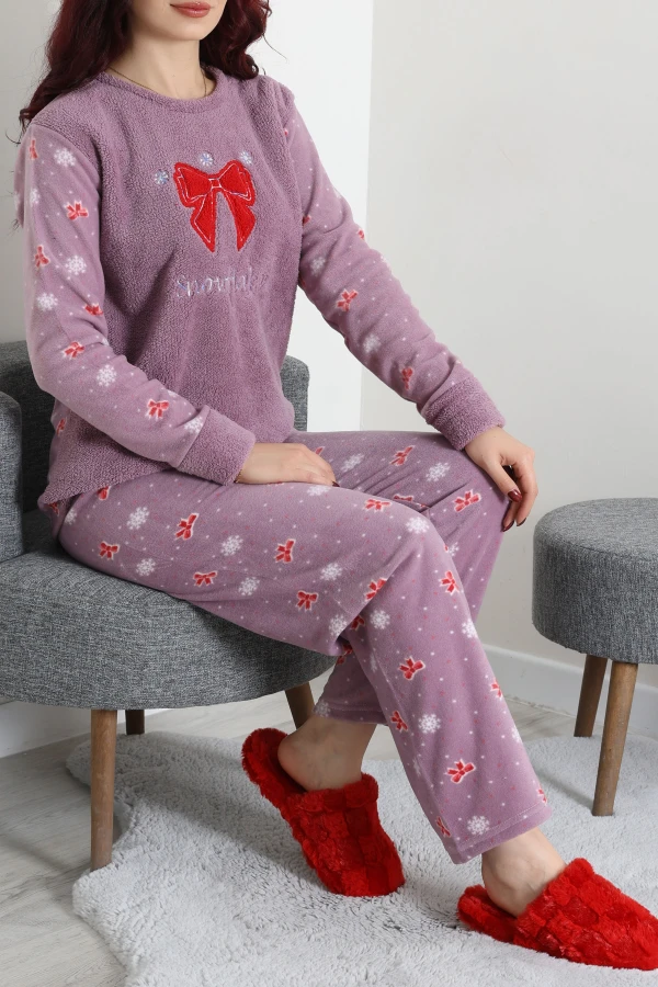 Kadın Koyu Lila Welsoft Pijama Takımı Uzun Kollu Rahat Kalıp 5
