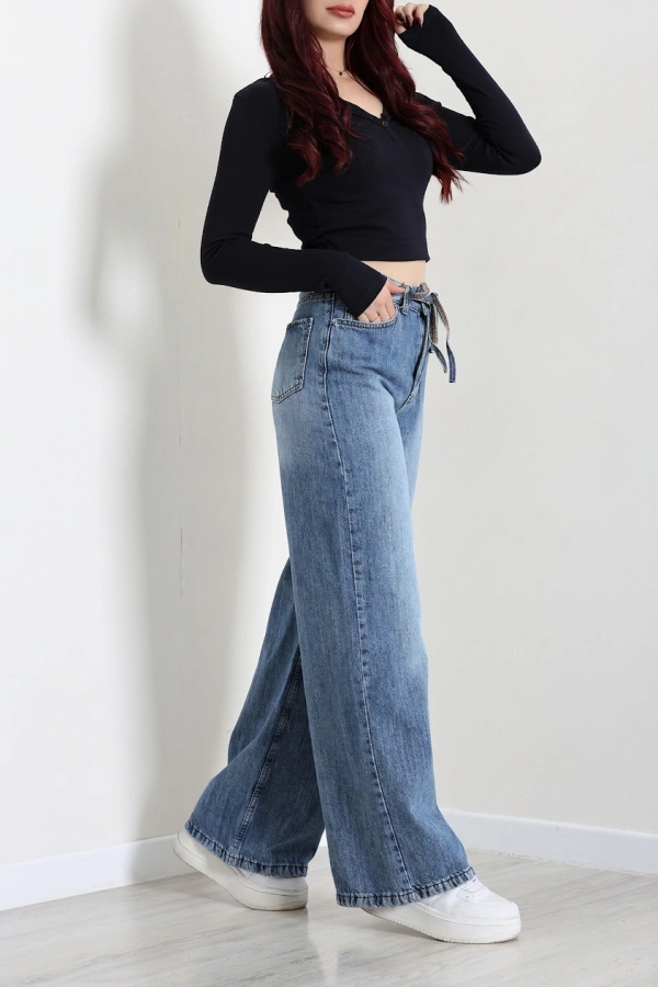 Kadın Açık Mavi Geniş Paça Yüksek Bel Kot Pantolon 6