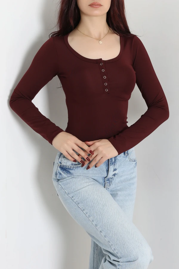 Kadın Bordo Dalgıç Bisiklet Yaka Uzun Kol Çıtçıtlı Body 5