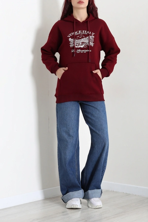 Kapşonlu Baskılı Sweat Bordo 2
