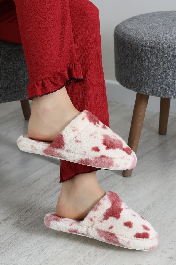 Kadın Bordo Peluş Ev Terliği Sıcak Tutan Kaymaz Taban 6