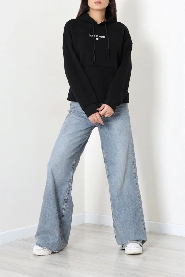 Kadın Siyah Üç İplik Kapüşonlu Nakışlı Sweatshirt Tunik 6