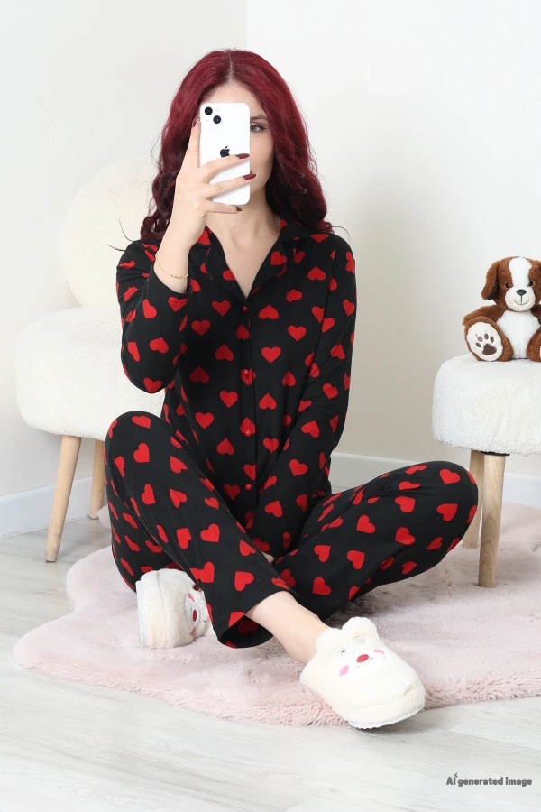 Süet Düğmeli Pijama Takım Siyahkalpli 3