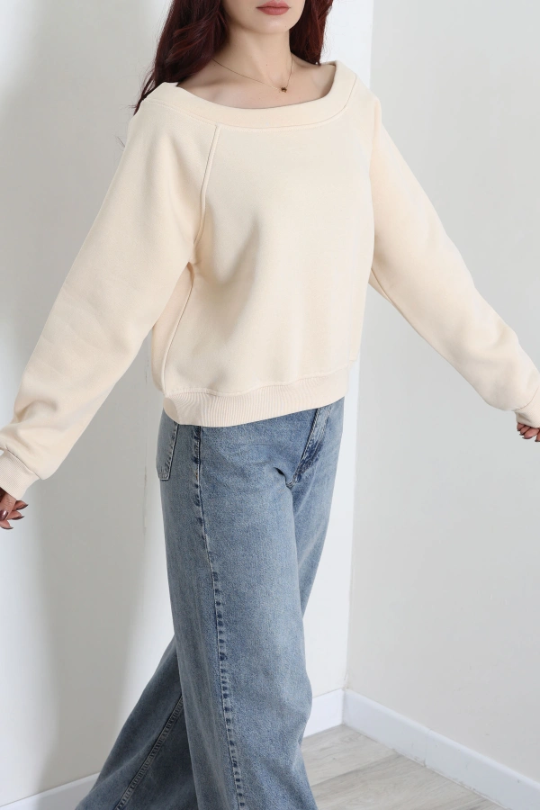 Kadın Bej 3 İplik Şardonlu Kayık Yaka Sweatshirt 5