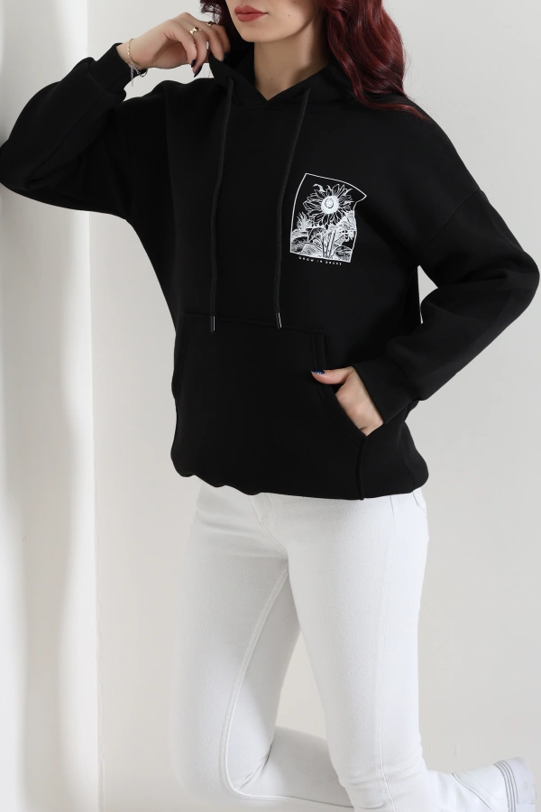 Kadın Siyah Kapüşonlu Baskılı Oversize Sweat 5