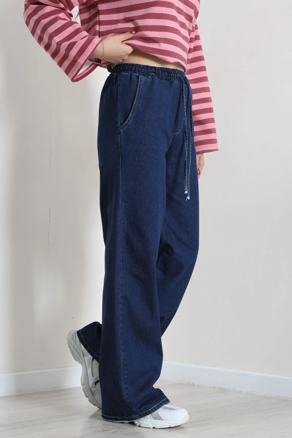 Kadın Koyu Mavi Beli Lastikli Bol Paça Kot Pantolon 3