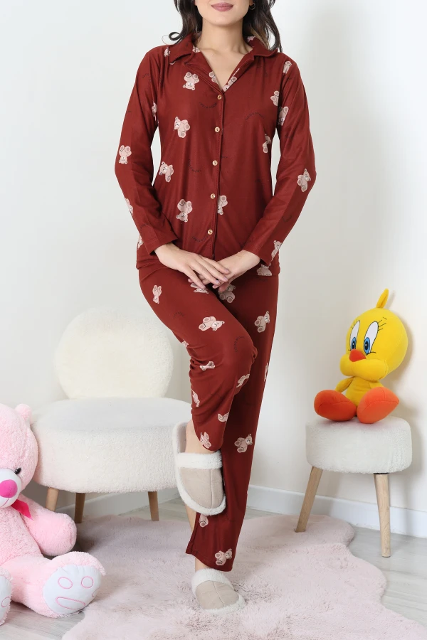 Süet Düğmeli Pijama Takımı Kiremit 2