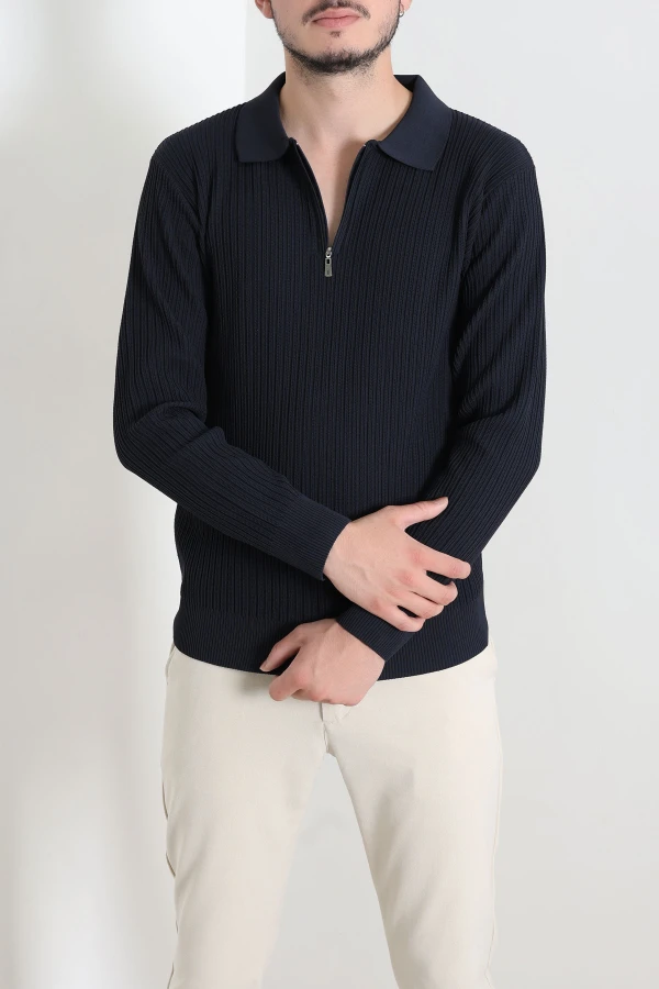 Fermuarlı Polo Yaka Erkek Triko Sweat Lacivert 3
