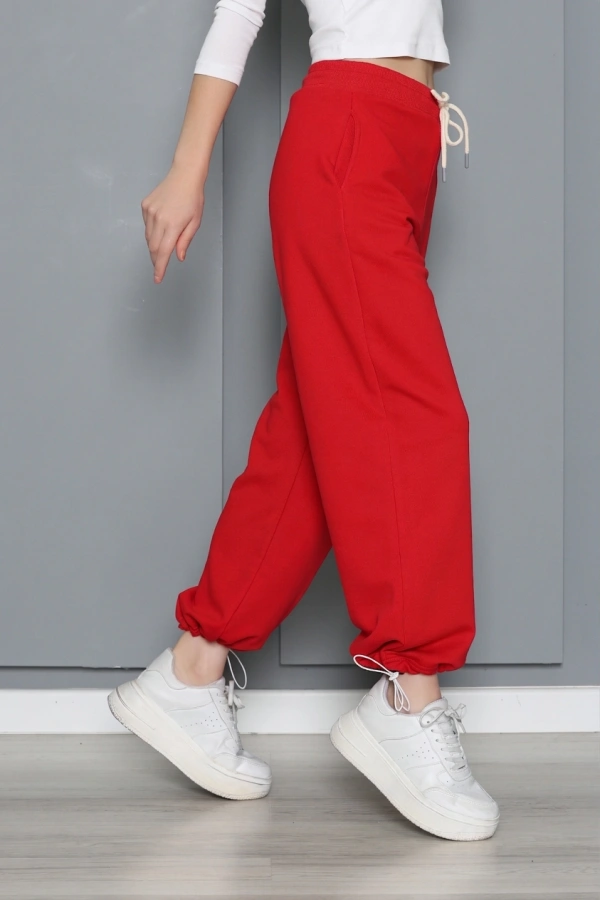 Kadın Kırmızı Paçası Klipsli Regular Fit Eşofman Altı 5
