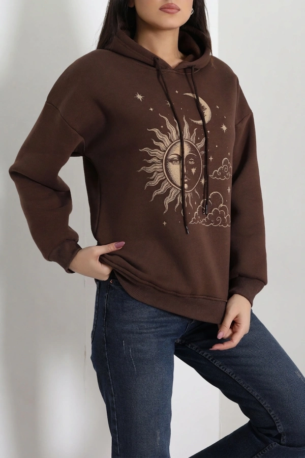 Kadın Kahve Üç İplik Kapüşonlu Baskılı Oversize Sweat