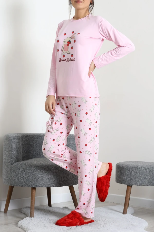 Kadın Pembe Pijama Takımı Rahat Kalıp Pamuklu İkili Takım 6
