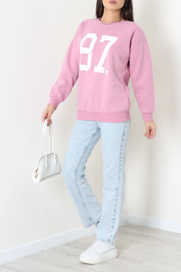 3 İplik Bisiklet Yaka Baskılı Şardonlu Sweat Pembe 6