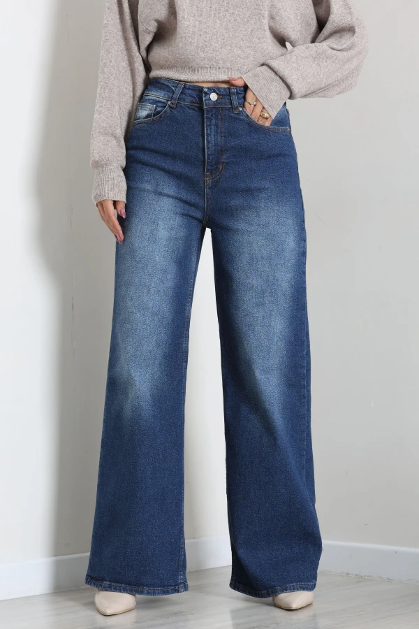 Kadın Koyu Mavi Yüksek Bel Wide Leg Kot Pantolon 2