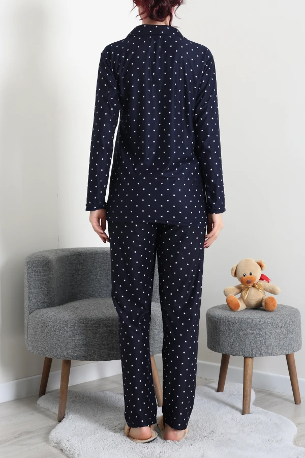 Kadın Lacivert Yıldız Desenli Süet Düğmeli Pijama Takımı 7