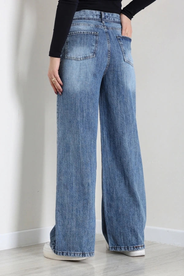 Kadın Açık Mavi Geniş Paça Yüksek Bel Kot Pantolon 8