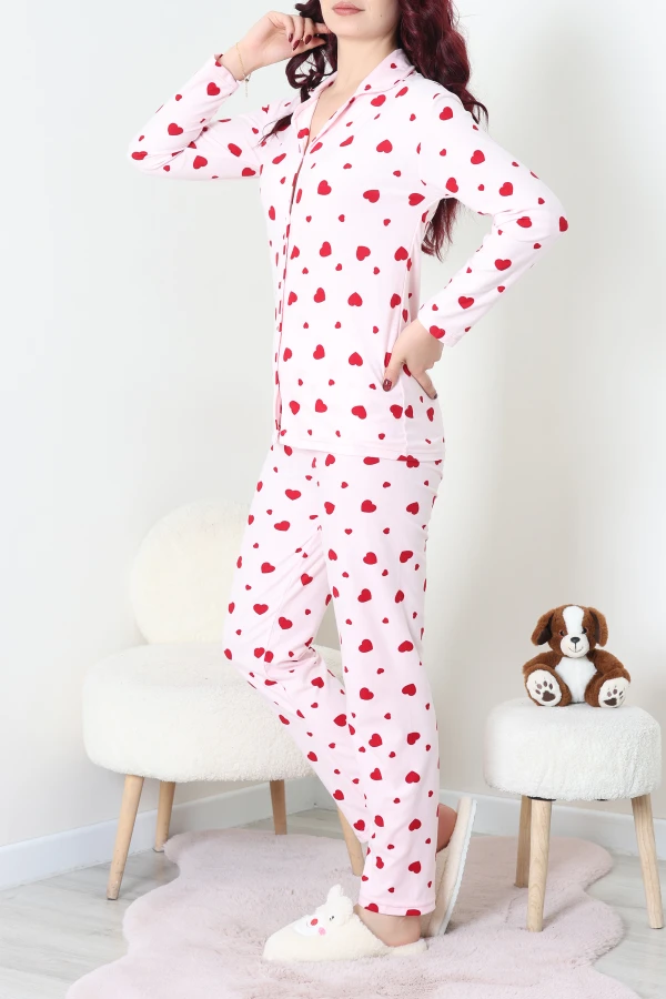 Kadın Pembe Kalpli Süet Düğmeli Pijama Takımı 5