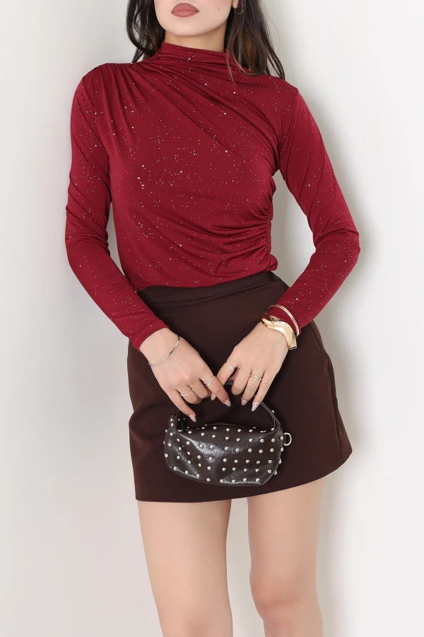 Dik Yaka Drapeli Simli Sandy Bluz Bordo